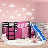 AJJHUUKI Beds & Accessories Kids' Loft Bed with Curtains Pink 90x200 cm Solid Wood Pine Furniture