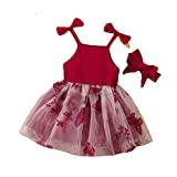 Infant Toddler Newborn Baby Girls Bowknot Ribbed Patchwork Sleeveless Princess Dress With Headbands Outfits Set 2PCS Clothes Girls Denim Dress (Red, 3-6 Months)
