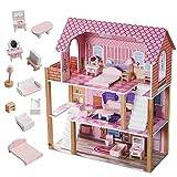 WODENY Wooden Dolls House with 11pcs Furniture & Staircase Accessories, 3-Storey Large Dollhouse Playset for Girls Kids Role Play Toy Educational Gift for Aged 3+ Years (Rose)