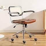 Mid Back Desk Chair Retro Swivel Office Chair Ergonomic Upholstered Armchair with PU Silent Wheels,Rattan Computer Chair for Home Work Living Room