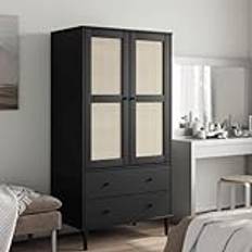 GuyAna Wardrobe SENJA Rattan Look Black 90x55x175 cm Solid Wood Pine,Heavy Duty Clothes Storage,Dust Proof Drawers for Bedroom