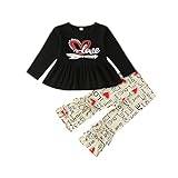Toddler Children Kids Valentine's Outfits Ruffle Heart Long Sleeve Tops Suspender Trousers Girls Clothes Sets Teen Girl Sweatpants and Hoodies (Black, 3-4 Years)