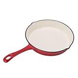 Otufan Enameled Frying Pan,25cm Diameter Red Cast One Piece Long Handle Iron Cooking Skillet Flat Pot for Home Kitchen