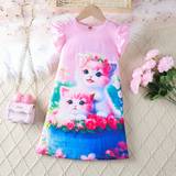 SHEIN Young Girls Summer Cat Pattern Ruffled Nightgown With Decorative Edge