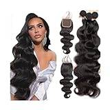 Human Hair Bundles | Hair Weft Body Wave Human Hair Bundles with Closure, 3 4 Bundles Wave Curly Hair Bundles with Lace Closure Free Part Brazilian Human Hair Weave Natural Color Human Hair Weave (Si