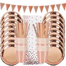 SHEIN pcs Solid Color Rose Gold Theme Party Supplies Including Paper Cups Plates Cutlery And Triangle Flags For Birthday Wedding Anniversary