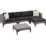 TecTake® Comfortable 5-Piece Modular Sofa, 3 Chairs, 1 Stools and 1 Table with Removable Safety Glass, UV-Resistant Rattan Garden Furniture with Wooden Feet and extra pillows, Easy Setup - grey