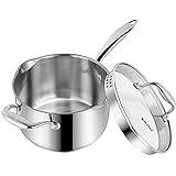 Rorence Stainless Steel Saucepan Sauce Pan with Pour Spout & Glass Lid with Strainer - 3.7 Quart