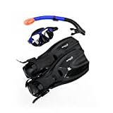 Two Bare Feet X-Dive Silicone Mask Dry Top Snorkel & F70 Fins Complete Diving Snorkel Set (M266S SN134S Blue/Black, F70 S/M)