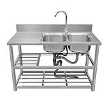 Stainless Steel Workstation Kitchen Sink Double Bowl Stainless Steel Utility Sink with Worktop, Storage Rack - Commercial Grade Restaurant Sink for Home Indoor/Outdoor Use - Includes Faucet