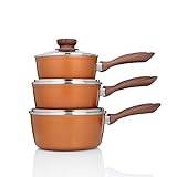 JML 3 Piece Copper Stone Saucepan Set - Saucepan Sets Non Stick with Lids Sized 16cm, 18cm and 20cm, Durable Aluminium and Stainless Steel Pan Set with Dynamic Heat Distribution and Wood-Effect Handle