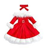 Baby Girls 2 Piece Christmas Dress Clothes Set Faux Fur Long Sleeve Off Shoulder Dress with Headband for Toddler Girls (A-Red, 6-7 Years)