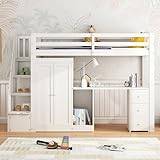 BTM 3FT Kids Toddler Bed with Wardrobe, 90 * 190cm Single Bunk Bed with Desk, Drawers and Stairway Storage Compartment
