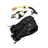 Two Bare Feet X-Dive Silicone Mask Dry Top Snorkel & F70 Fins Complete Diving Snorkel Set (M266S SN134S Yellow/Black, F70 L/XL)