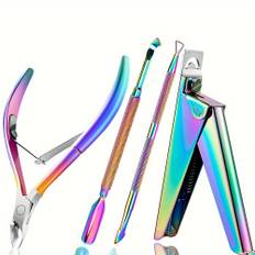 Acrylic Nail Clippers 4 In 1 Kit, Nail Clippers Cutters For Acrylic Nails Fake Nail Tips, Cuticle Trimmer Nipper Cutter With Cuticle Pusher, Manicure Tool For Salon Home Nail Art Rainbow Black - 4pcs Rainbow A