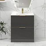 Royal Bathrooms.co.uk Lyon 700mm Gloss Anthracite Fluted Floor Standing Vanity Unit 2 Drawer with Carrara Marble Top & Brushed Brass handles