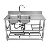 Stainless Steel Workstation Kitchen Sink Double Bowl Stainless Steel Utility Sink with Worktop, Storage Rack - Commercial Grade Restaurant Sink for Home Indoor/Outdoor Use - Includes Faucet