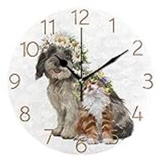 Watercolor Dog and Cat with Garland Wall Clock 9.8 Inch Silent Round Wall Clock Battery Operated Non Ticking Creative Decorative Clock for Kids Living Room Bedroom Office Kitchen Home Decor