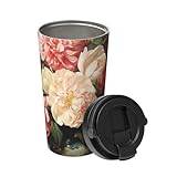 Thermos Coffee Travel Mug 500 ml Bowl with Peonies and Rose Insulated Cup Double Wall Vacuum Stainless Steel Tumbler for Car Home Office Camping