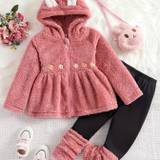 2pc Double-sided Fleece Sets, Toddler Girls Flower Embroidery Zip Hooded Coat & Splicing Pants, Kids Clothes For Fall Winter