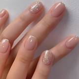 24pcs/set Glossy Short Oval Nude Press On Nails Glitter French Style False Nails Glitter Reusable Artificial Finger Nails