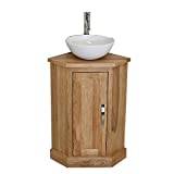 Wooden Bathroom Corner Vanity with Sink - Natural Oak Bathroom Sink Cabinet Single-Door Vanity Unit with Chromed Mixer Tap - Curve Sided Bowl with Cream