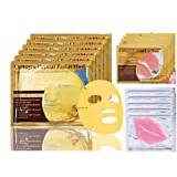 EYEM® 24k Gold Mask Set, 5 Packs Gold Bio-collagen Face Mask + 5 Packs PINK Eye Mask+ 5 Packs PINK Lip Mask