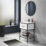 Arezzo 600 Matt Black Framed Vanity Unit with Ceramic Basin and Open Shelf