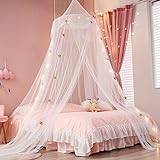 Nattey Bed Canopy with Lights for Girls,Gold Star Princess Crib Canopy Curtains,Extra Large Dome Mosquito Net Reading Nook Canopy for Kids Boys Twin Full Queen Size Bed,Fire Retardant Fabric