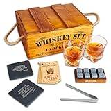 Mixology & Craft Whiskey Glasses and Stones - 10oz Whisky Glass Gift Set for Dad w/ 8 Lead-Free, Granite Whiskey Stones & Rustic Crate - Anniversary and Whiskey Gift Sets for Men