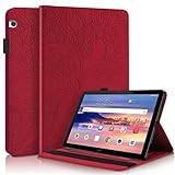 YaMiDe Case for Huawei T5 Case, with one Tempered glass, Skin-feeling PU Leather Case Cover with Stand Function for Huawei Mediapad T5 10 10.1 Inch Tablet, Embossing tree, Red