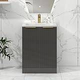 Lyon 600mm Gloss Anthracite Floor Standing Vanity Unit - 2 Door, Solid Surface Stone Basin, Brushed Brass Handle - Stylish Bathroom Upgrade