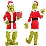 Didabon Grinch Costume Adult Christmas Santa Costume for Women Men, Grinch Plush Green Santa Mask The Grinch Onesie Outfit Furry Christmas Cosplay Furry Suits