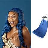 Blue Micro Ring Human Hair Extensions,Long Micro Loop Hair Extensions Real Human Hair Micro Link Hair Extensions Straight,100 Strands,20inch