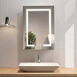 Warmiehomy Bathroom Mirror Cabinets with Lights 450 x 600 mm LED Bathroom Cabinet 3 Colors Dimmable Illuminated Bathroom Mirror Cabinet with Shaver Socket & Demister Pad & Touch Sensor IP44
