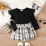 3pcs Baby Girl Black Lace Ruffle Long-sleeve Ribbed Romper and Tweed Skirt with Headband Set