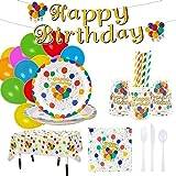Rainbow Birthday Party Tableware Set 132PCS Includes Paper Plates Napkins Cups Knive Fork Spoon Tablecloth Balloons Letter Banner for Birthday Decoration (10 Guests)
