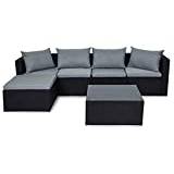 EVRE Miami Black Outdoor Rattan Garden Furniture Set for Patio Conservatories with 5 seat Modular Sofa Glass Top Coffee Table Foot Stool Cushions and Fade Resistance with Weatherproof Cover