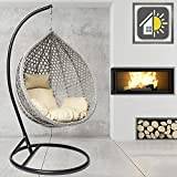 GOODS EMPORIUM Luxury Rattan Hanging Egg Chair Outdoor & Indoor Garden Swing Chair Hammock with Cushions - FREE COVER INCLUDED (Medium, Black - Grey - Beige)