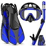 Lealinga Snorkel Set Adults with Flippers, Diving Mask, Dry Snorkel, Adjustable Snorkelling Packages and Scuba Mask Fins 3 Piece Set, Blue New, L-XL