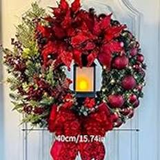 QuaHom Christmas Wreaths, 40cm/16 Inch Xmas Front Door Wreath and Lantern, Baubles, Berries and Bows, Artificial Christmas Door Garland Holiday Festival Indoor Outdoor Decor (Red)