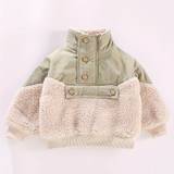 Toddler Girls, Trendy Splicing Sherpa Fleece Jacket, 95% Cotton, Half Button Warm & Thick, For Winter, Gift