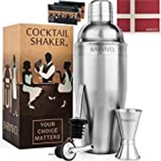 Professional Cocktail Shaker Set w/a Double Jigger & 2 Liquor Pourers by BARVIVO - 700ml Martini Mixer Made of Brushed Stainless Steel Perfect for Mixing Margarita, Manhattan & Other Drinks at Home.