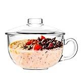 binsakao Glass Cereal Bowl Glass Soup Bowl with Handle, Clear Small Yogurt Bowl with Glass Lid Oatmeal Breakfast Bowls Microwave Safe Glassware for Dessert Pasta Rice, 600ml / 20 oz
