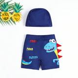 SHEIN Young Boy Cute Dinosaur Animal  Letter Print Holiday Tight Swimming Trunks  Swim Cap Suit pcsSet