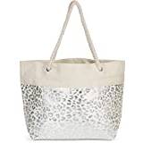 styleBREAKER Women XXL Beach Bag with Metallic Leopard Animal Print and Zip, Shoulder Bag, Shopping Bag 02012282, Color:Beige-Silver