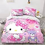 POYSPRING Hello Kitty Duvet Cover Cartoon Cat Set Soft Microfiber Bedding Set for Adults Teenager Kids 3 Piece Set with Zipper Closure for Home Decoration Quilt Cover Double（200x200cm）