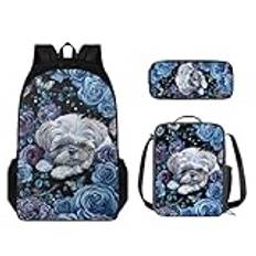 STUOARTE Shih Tzu Print 3 Pcs Kids Backpack Set, Rose Butterfly Print Students Bookbag with Lunch Box and Pencil Pouch, Lightweight School Bag for Boys and Girls with Adjustable Shoulder Strap