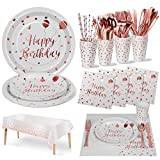 Nkaiso Party Tableware 161Pcs Rose gold Happy Birthday Theme Kids Birthday Decoration Party Accessories Set Includes Paper Plates Napkins Cups Knive Fork Spoon-20 Guests