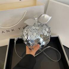 SHEIN Summer New Womens Bag European And American Style Shiny Silver Sequined Shoulder Crossbody Bag Trendy Mini Apple Shaped Evening Bag